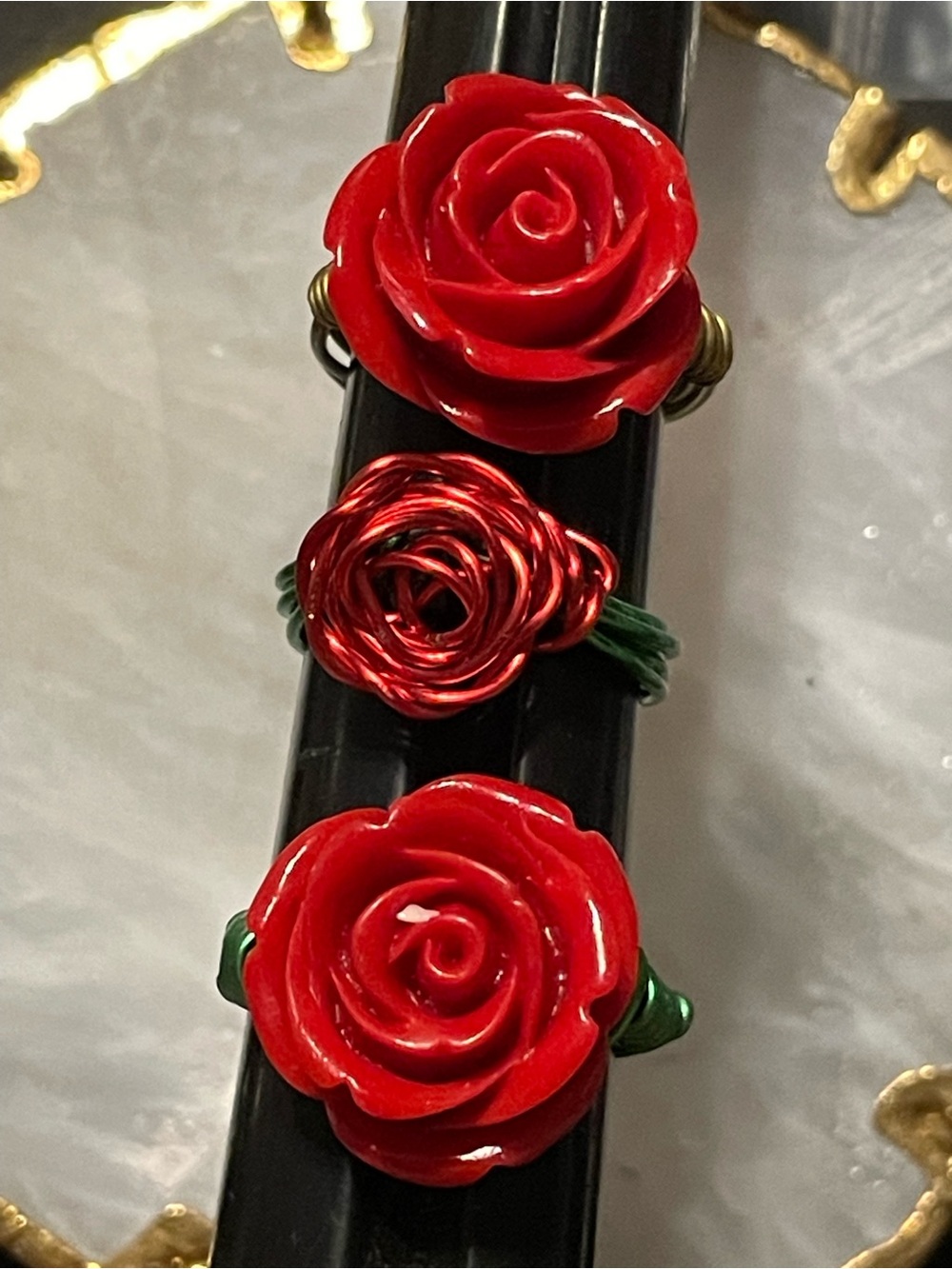 Red Rose Wire Ring Trio ~ you get all 3 #8689